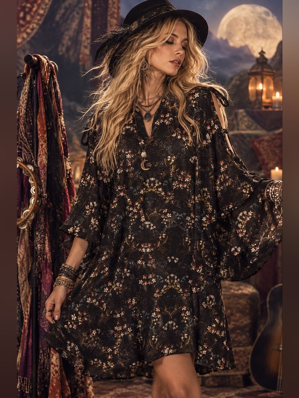 #58 Gracia Black Floral Cold-Shoulder Tunic Dress